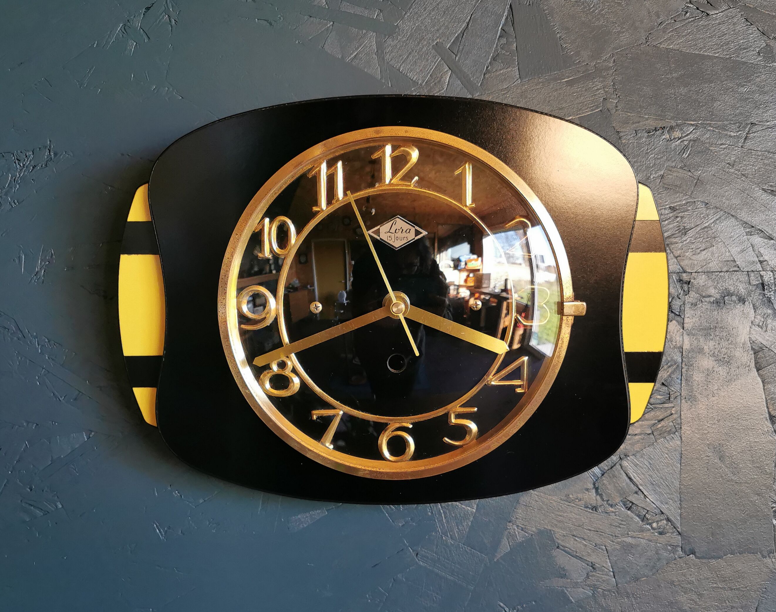Vintage formica clock rectangular silent wall clock "Lora black yellow"