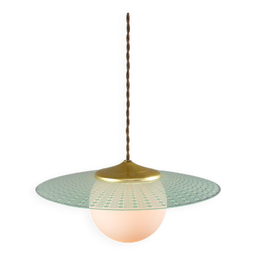 Lampe à suspension ange italienne du milieu du siècle en laiton et opaline
