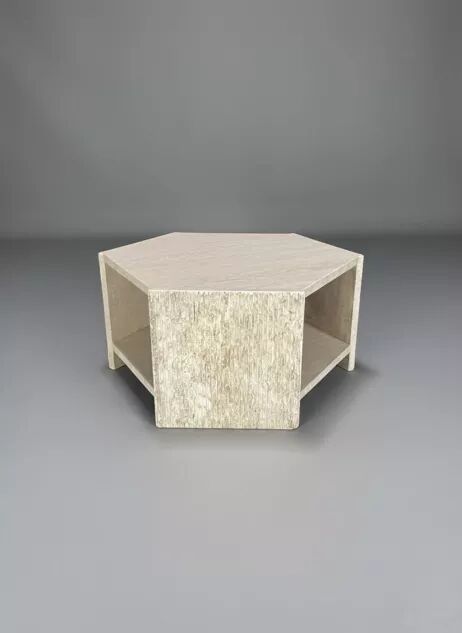 Hexagonal side table in travertine by Claude Berraldacci. France.