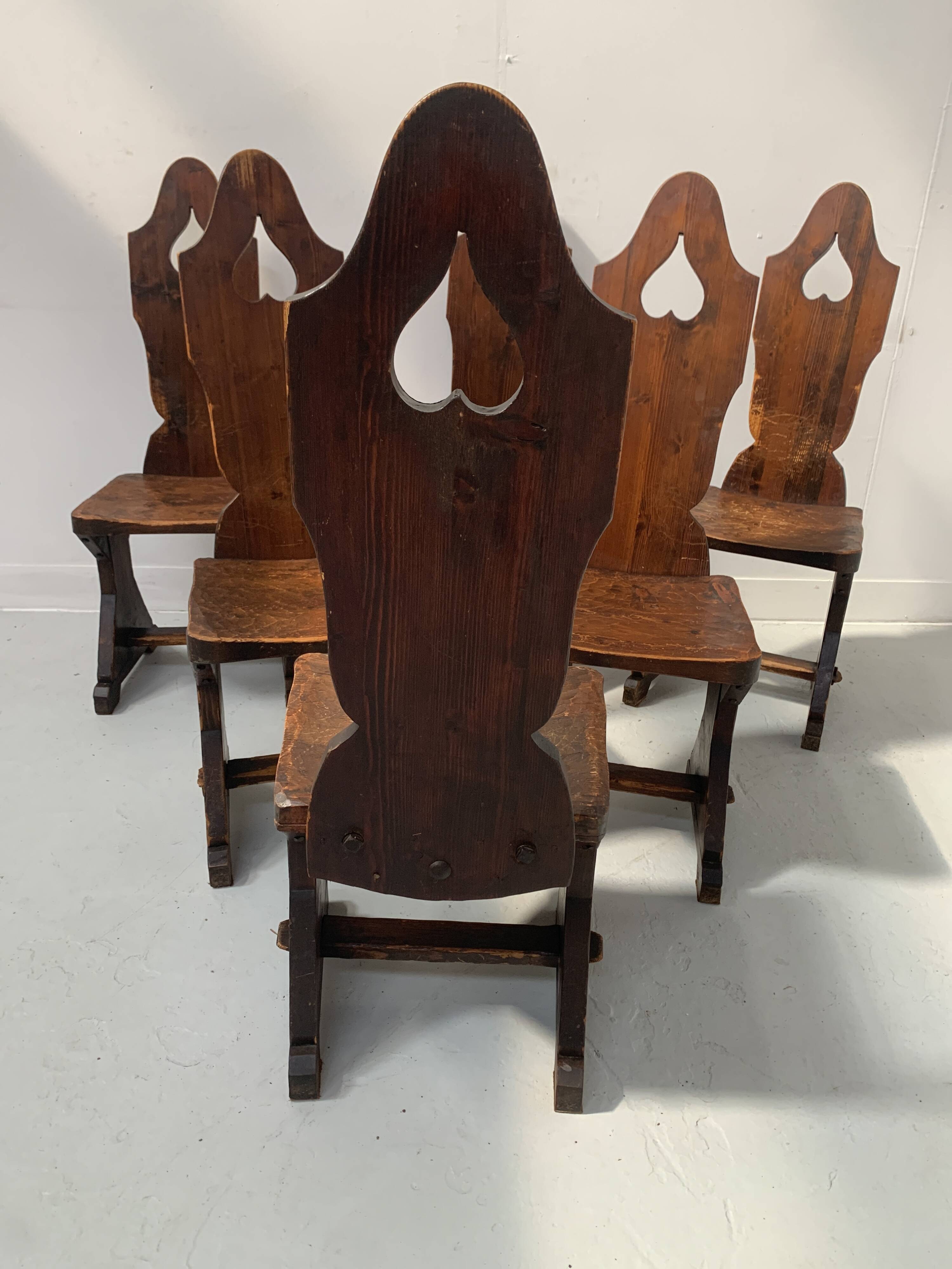 Set of six natural wood chairs "Brutalist art" 20th century