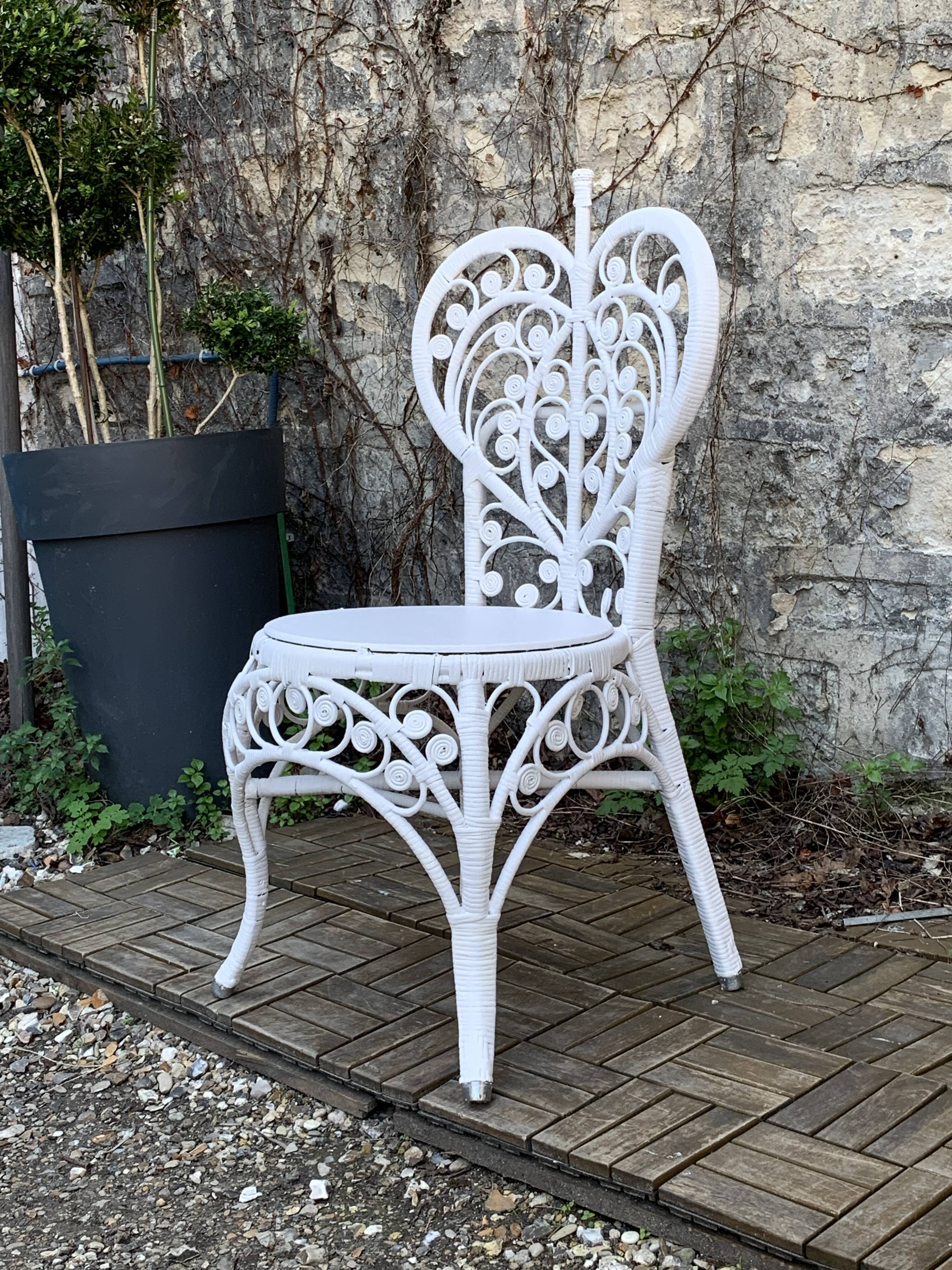 Peacock heart chair, white rattan, 1970s