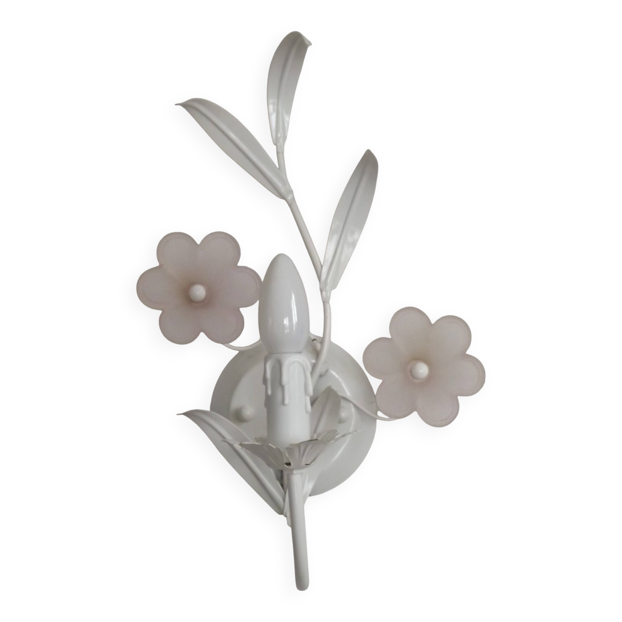 French vintage white metal double wall light with pink glass flowers 5438.