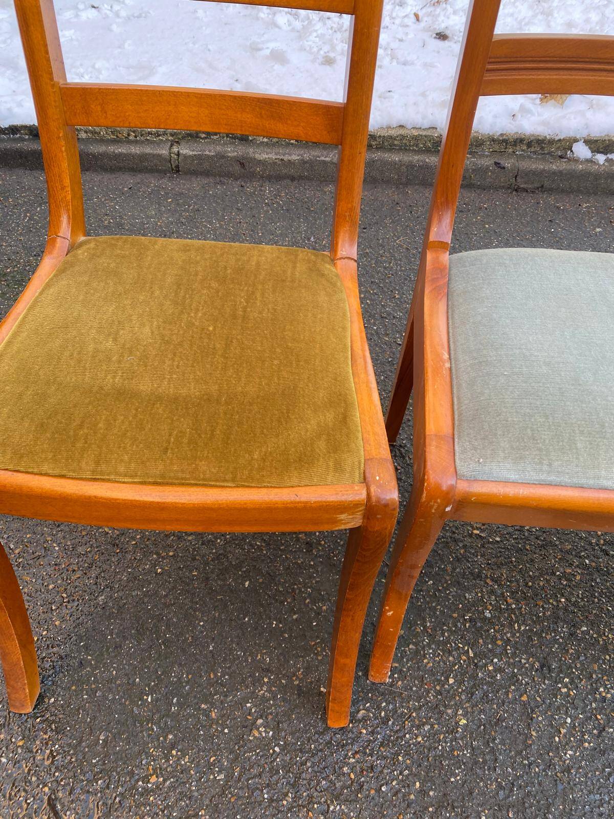 4 solid wood chairs with green and blue velvet suede, Louis Philippe style.