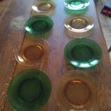 Set of 10 vintage Arcopal glass dessert plates green and orange