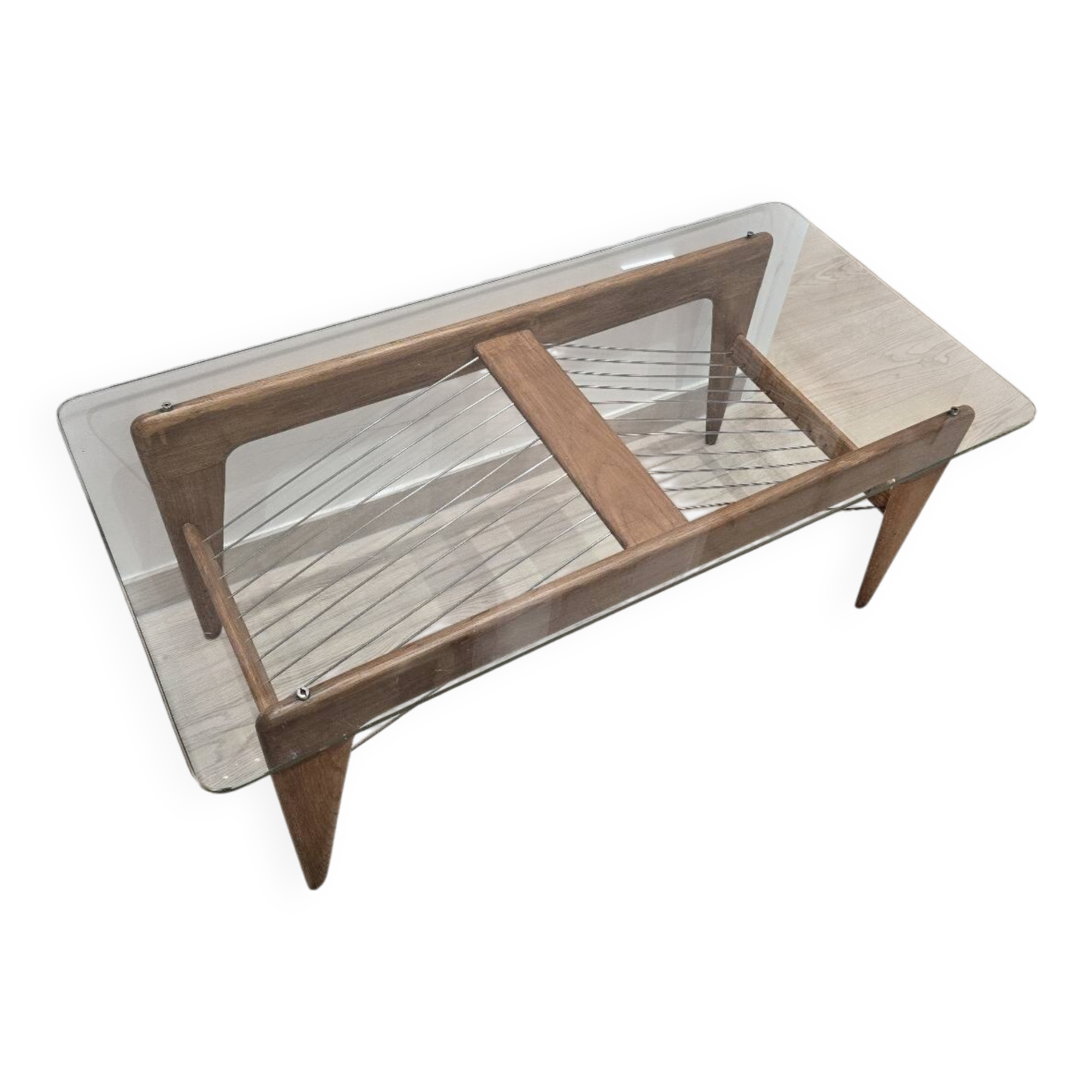 Table basse vintage en bois et verre – Design scandinave 50’s