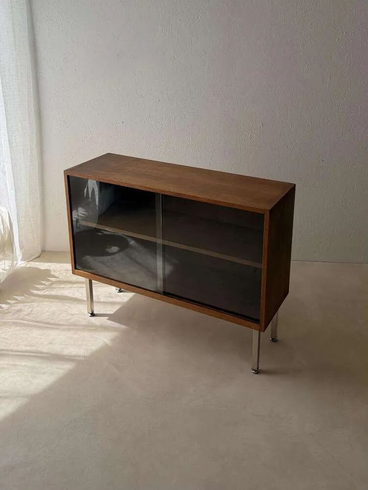 Walnut display cabinet from the 60s with smoked glass