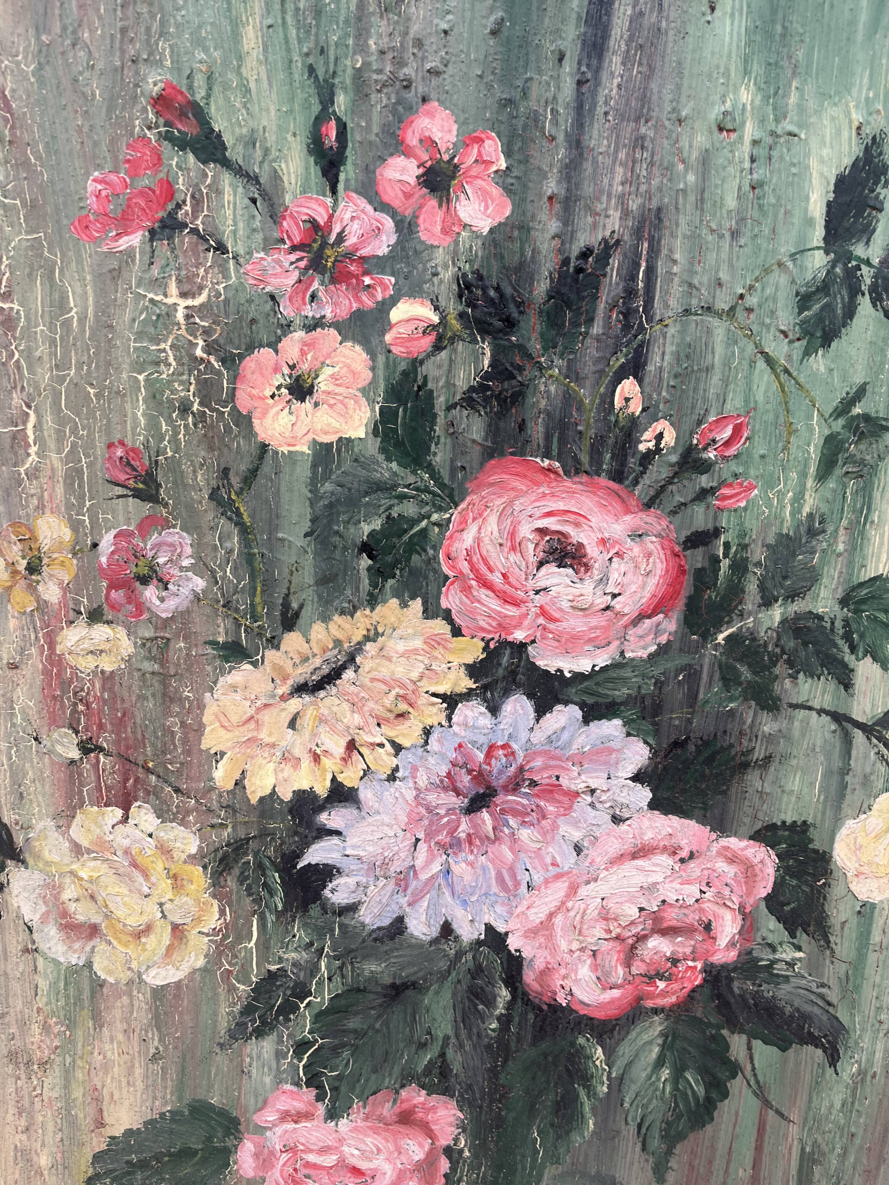 Antique painting – Bouquet of flowers on a patinated green background – signed
