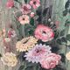 Tableau ancien – Bouquet de fleurs sur fond vert patiné – signé