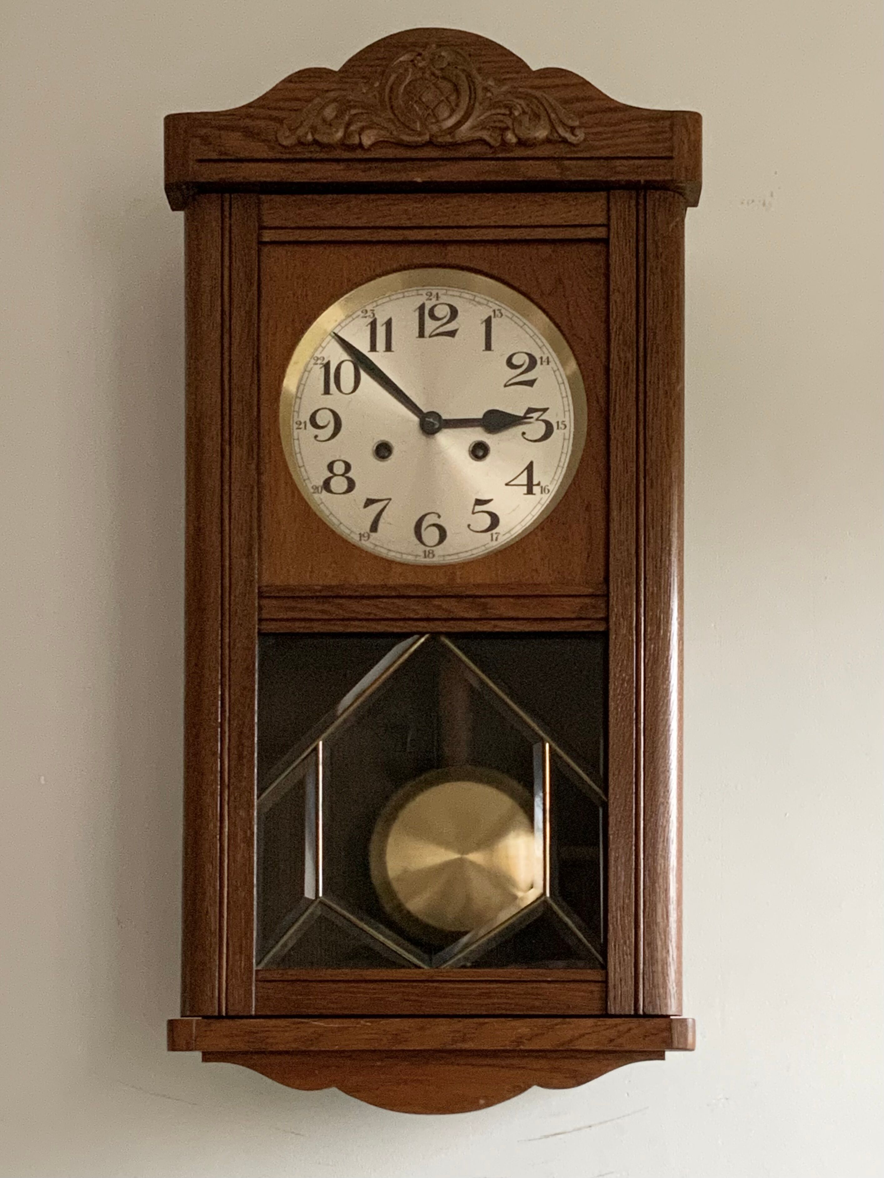 Antique art deco original f.m.s. Mauthe oak wall clock, Germany 1930s