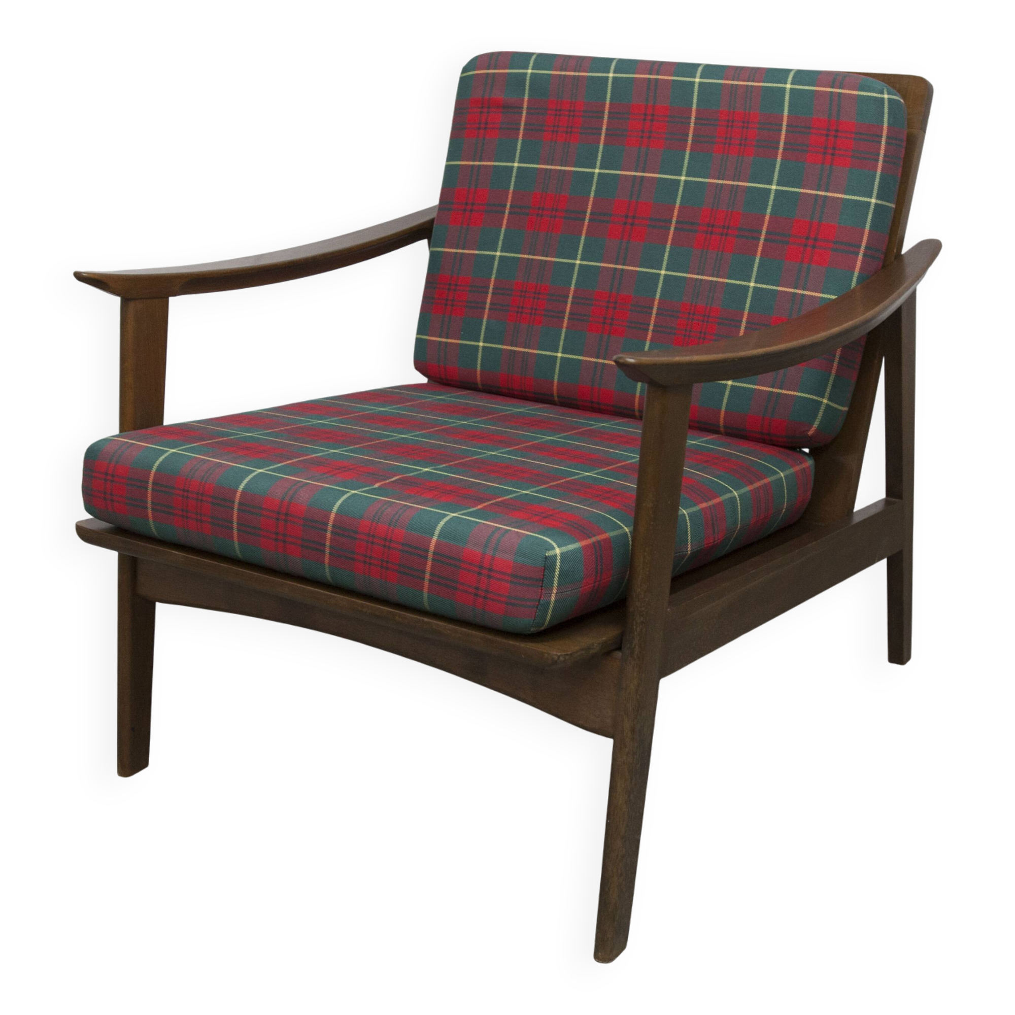 Scandinavian teak armchair, 1960s, demountable, with tartan fabric