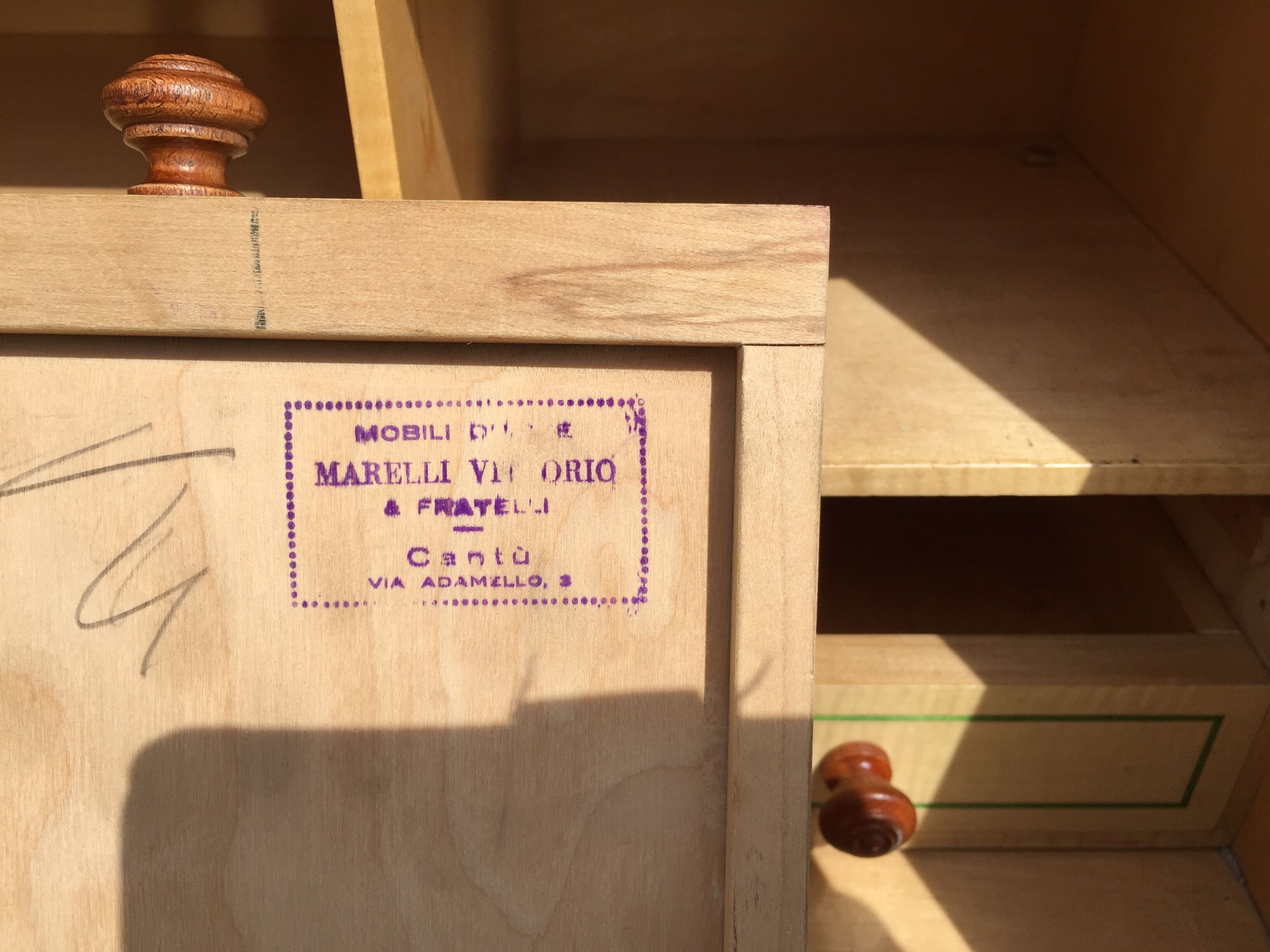 Vintage secretary desk, known as donkey's back, in cherry wood, Italian by Marelli & Fratelli.