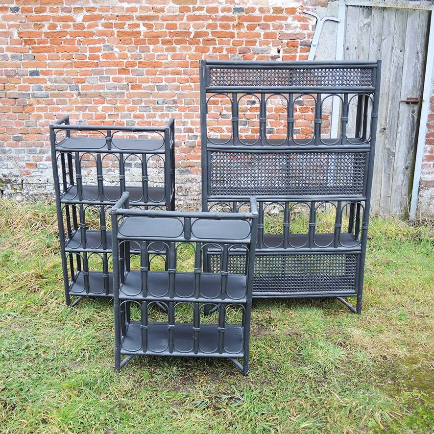 3 Antique Black Rattan Bookcases and Shelves