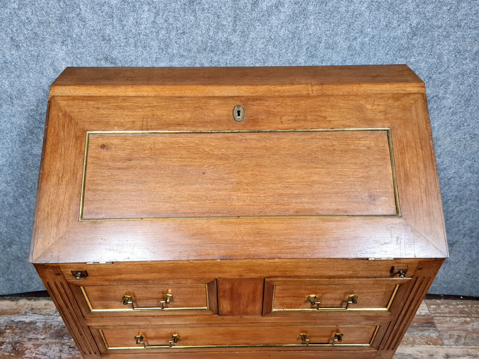 Louis XVI scriban desk in walnut and copper rushes circa 1900