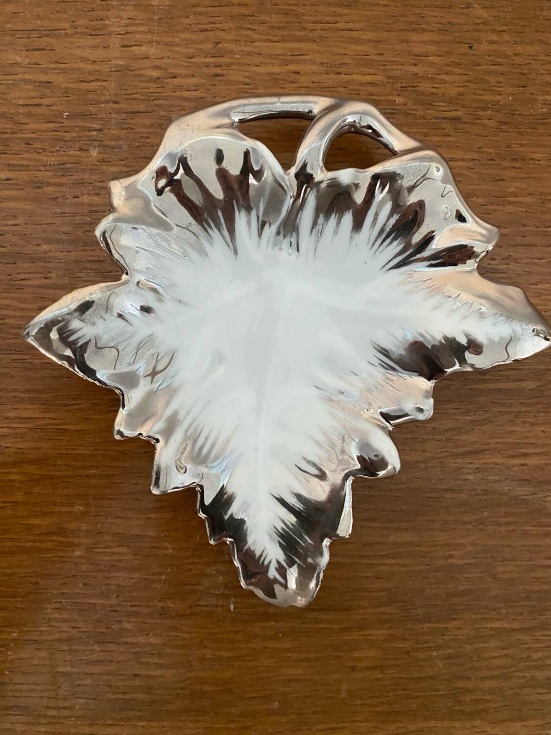 Antique limoges porcelain butter dish leaf shape white & chrome vintage