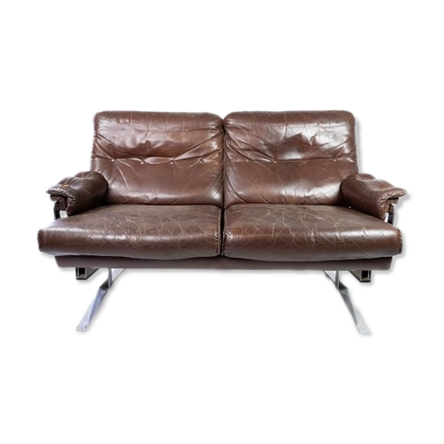 Two seater sofa upholstered with patinated brown leather and frame in metal, designed by Arne Norell