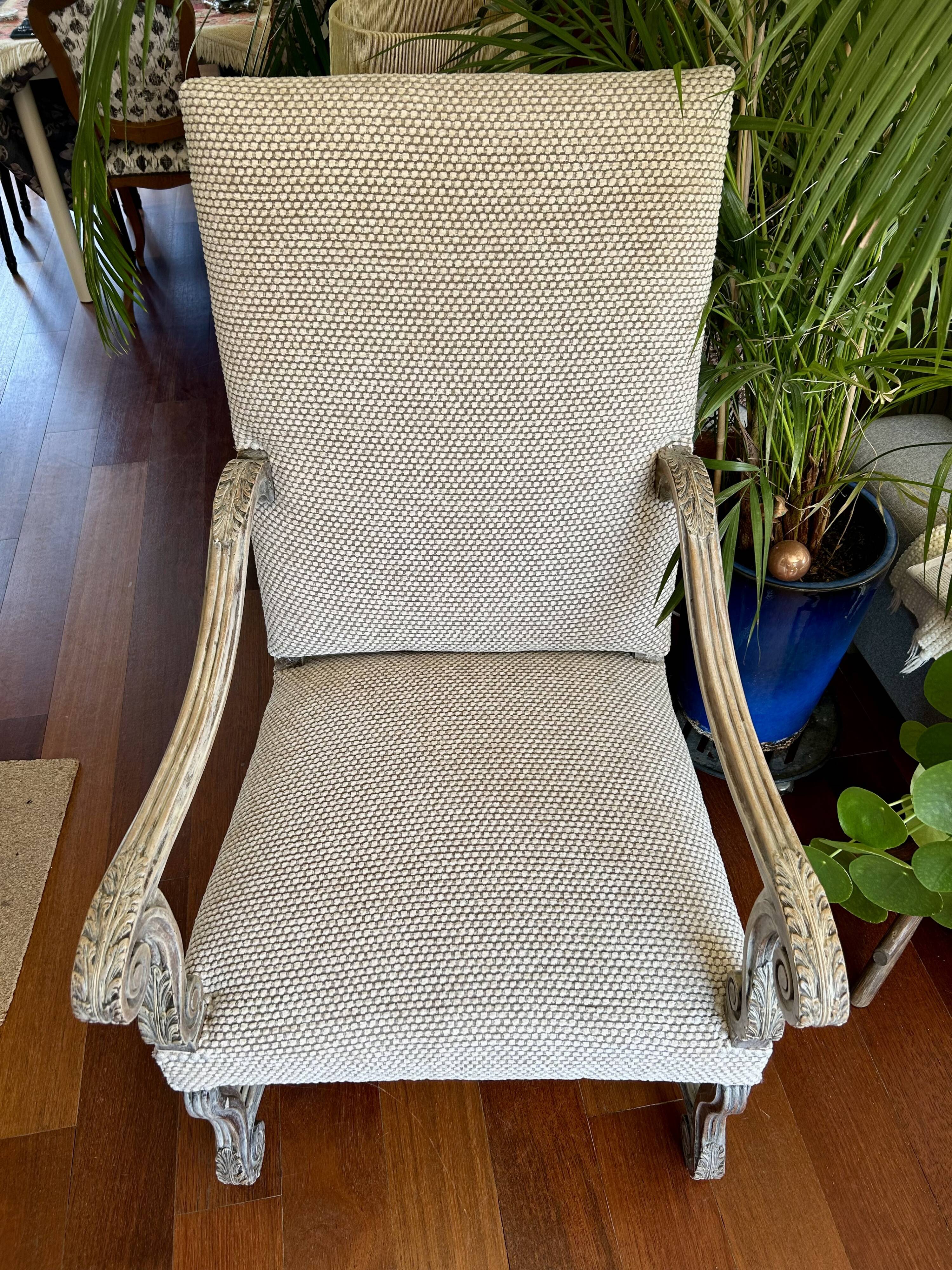 Restored Louis XIII armchair – textured beige fabric