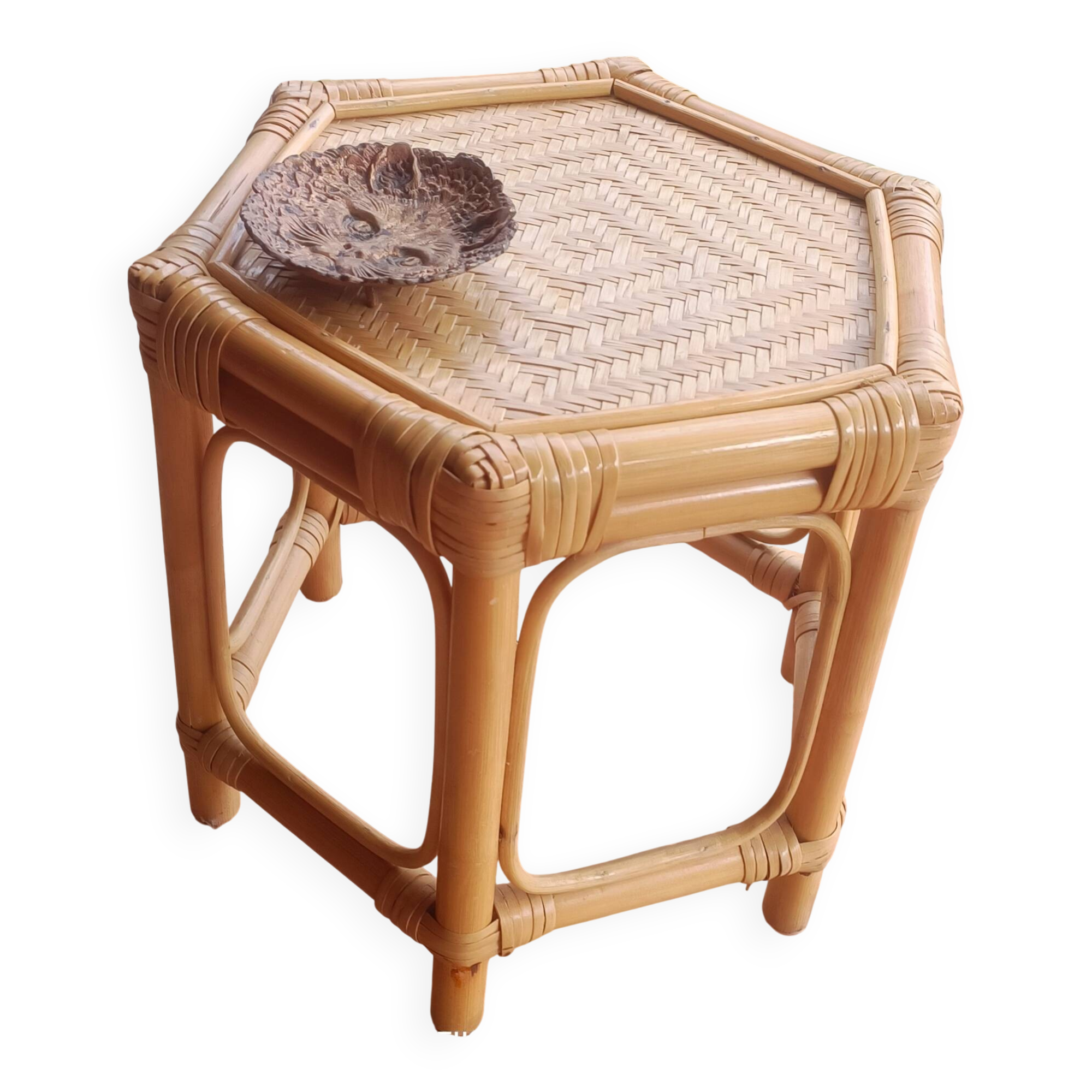 Hexagonal coffee table, vintage 1980s, bamboo and woven rattan. Handmade.