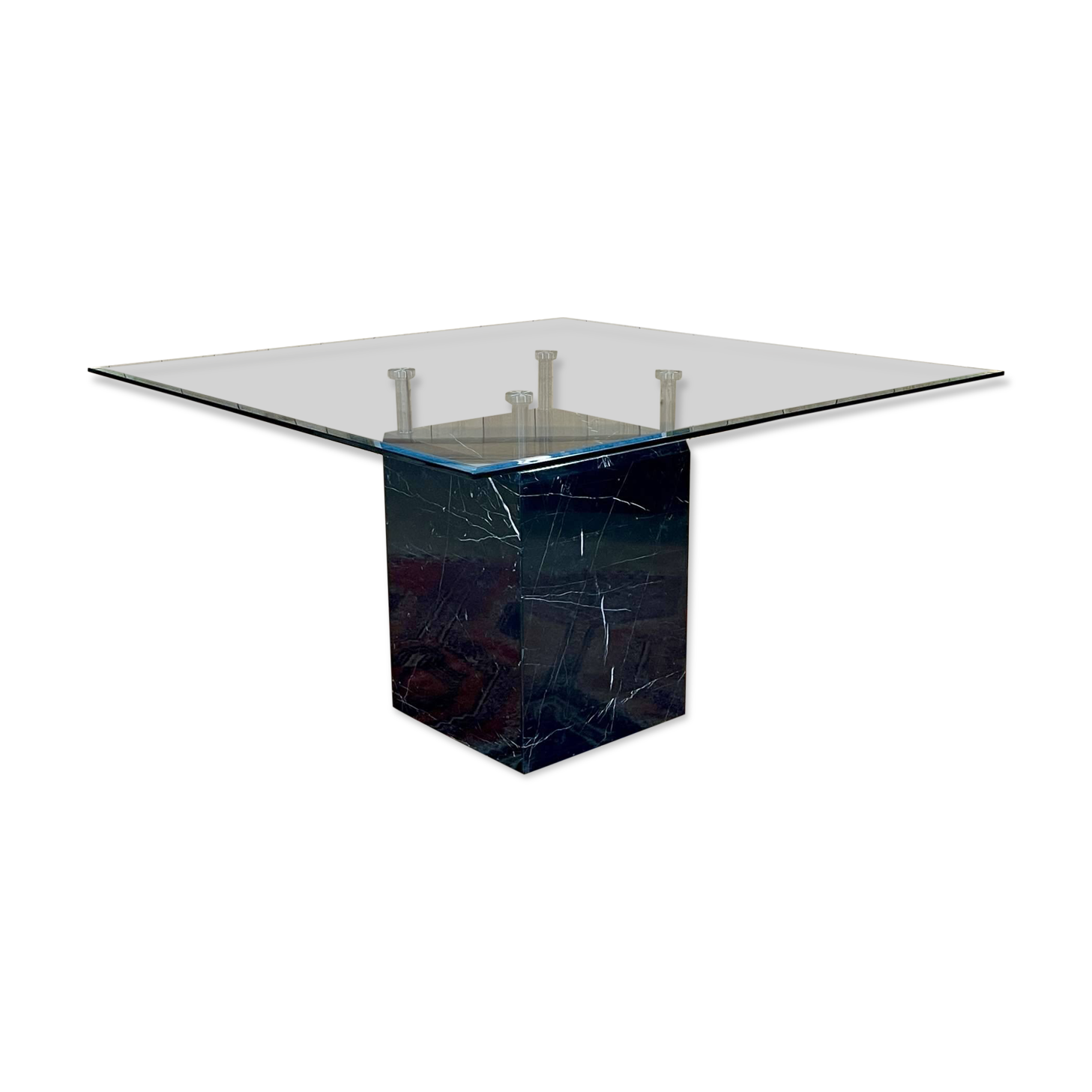 1970s square dining table, marble base and beveled glass top