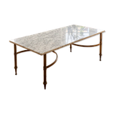 Table basse vintage néoclassique en marbre blanc et métal doré