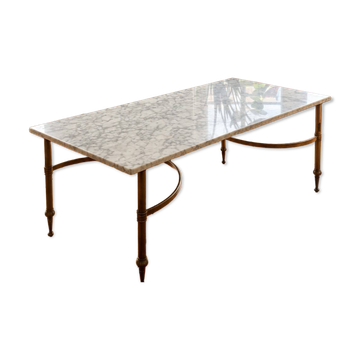 Table basse vintage néoclassique en marbre blanc et métal doré