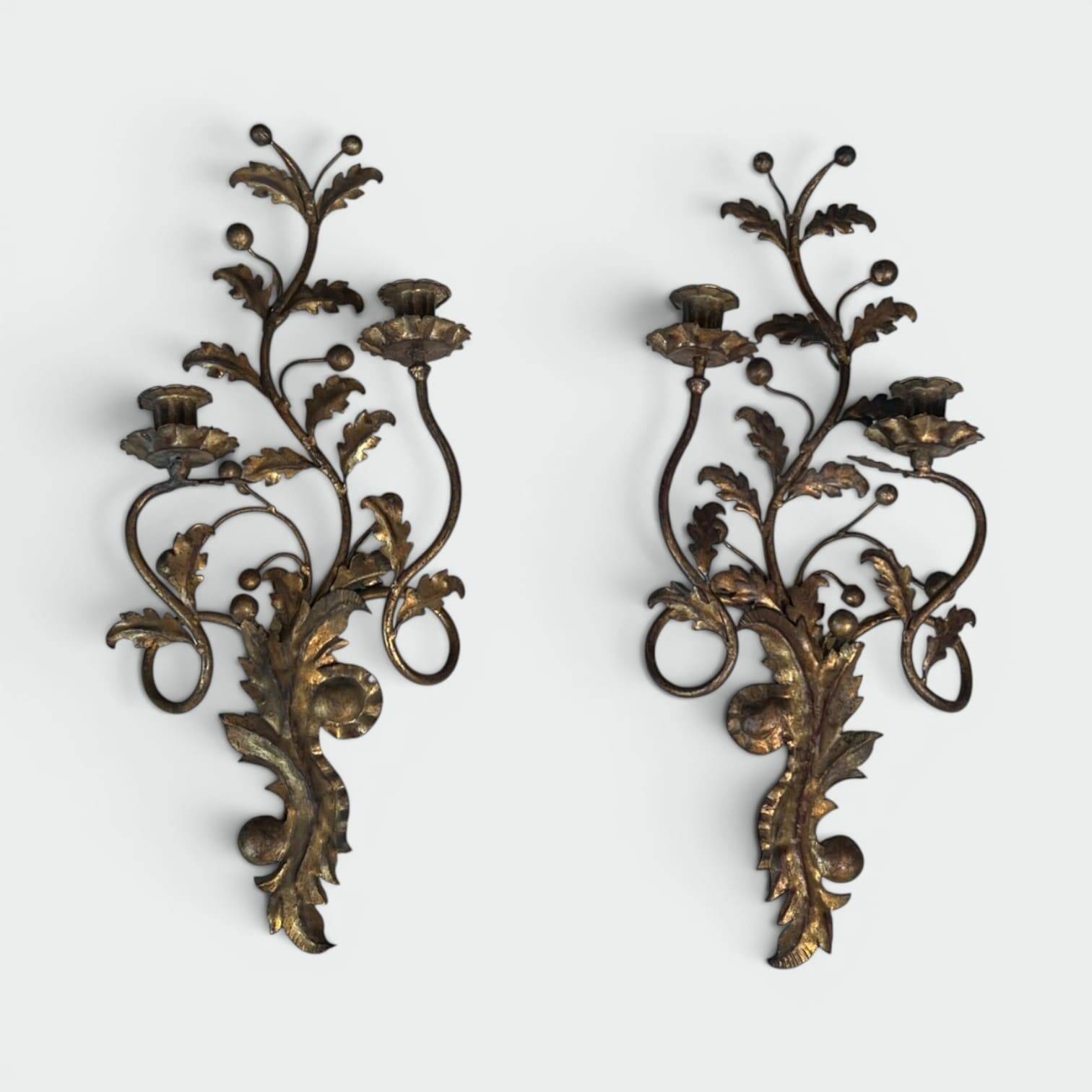 Pair of Two-Arm Wall Lights in Gold Metal with Leaf Decoration