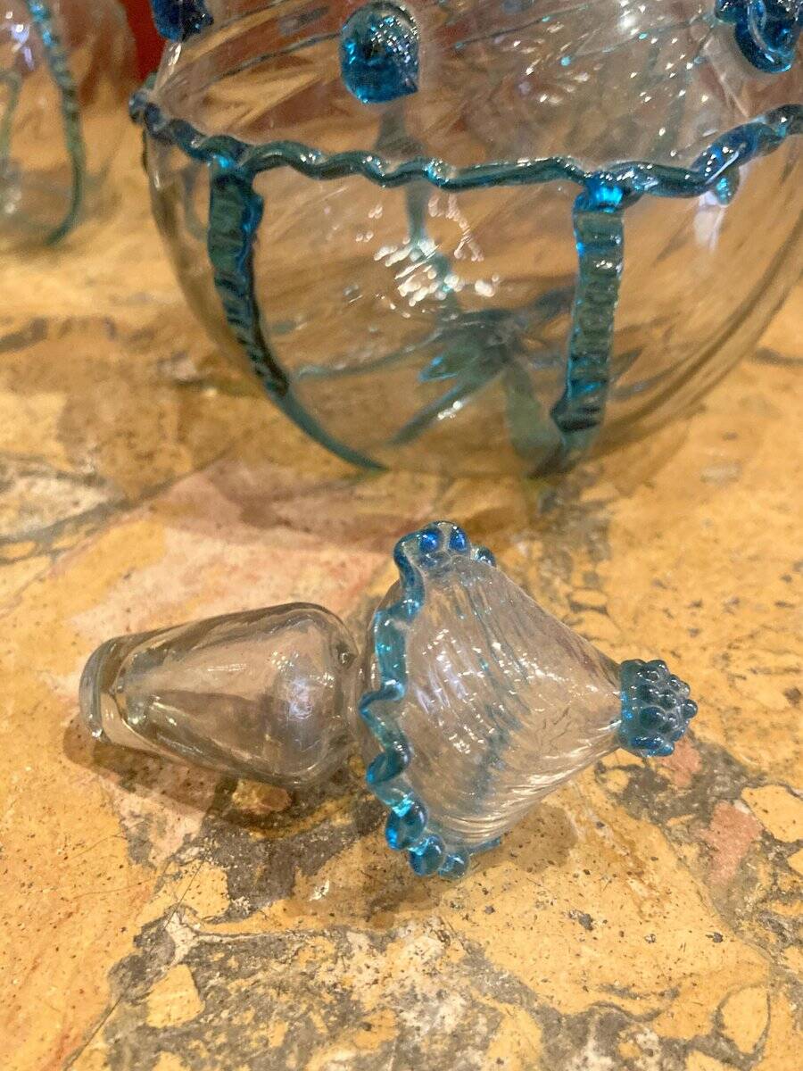 18th Century Italian Murano Clear Glass and Blue Trimmed Blown Glass Bottle
