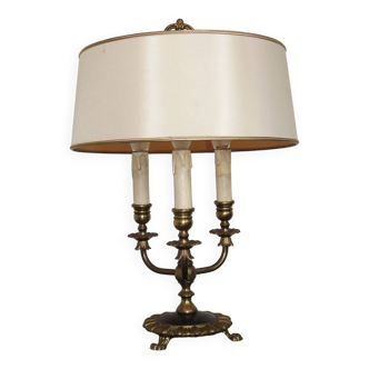 French Empire Style Bouillotte 3 Light BrassTable Lamp Cream Satin Shade 4776