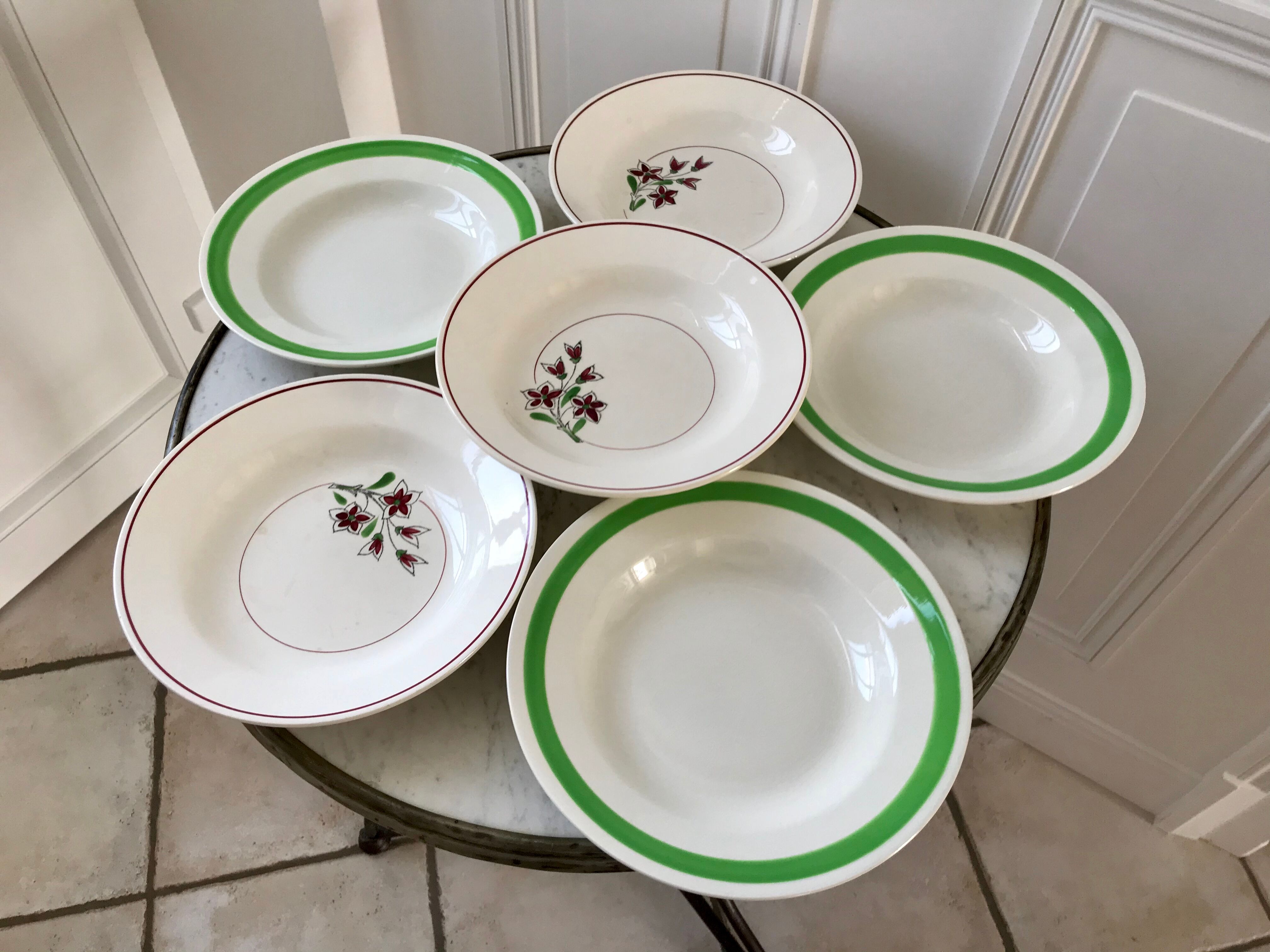 Set of 6 green and pink hollow plates Salins and Niderviller 40s