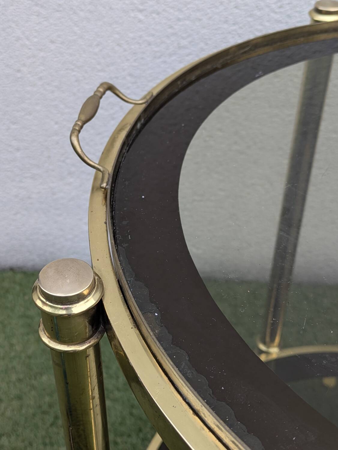 Rolling table, vintage brass and smoked glass serving cart – 1960s
