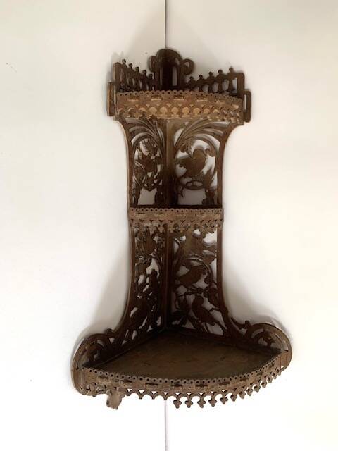Hand-cut wooden corner shelf with bird decoration from the 1900s