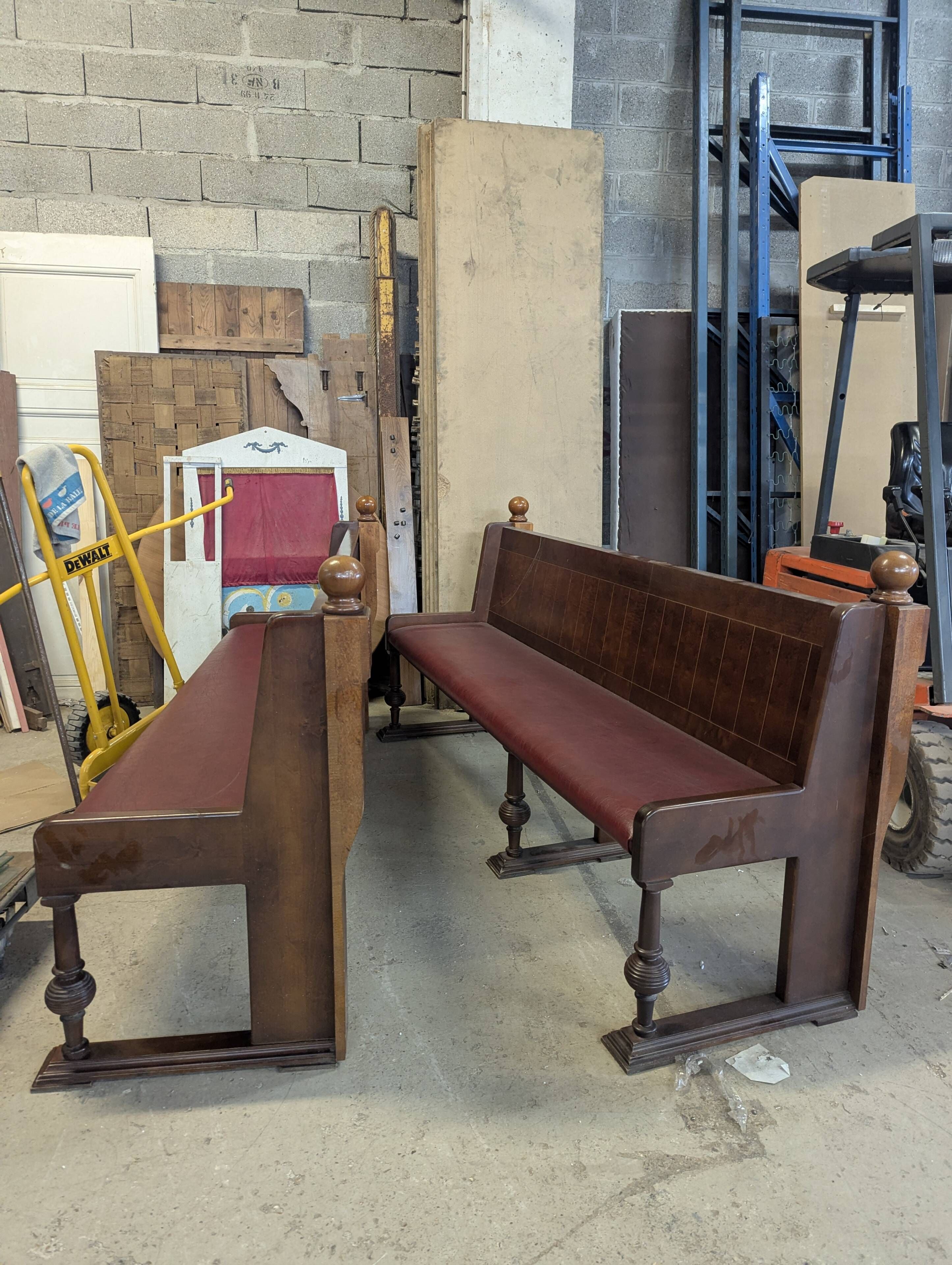 Art Deco brasserie bench in oak and bordeaux leatherette seat 220 cm