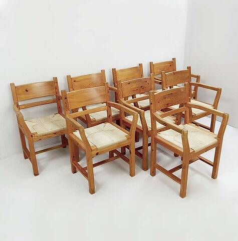 Set of eight pine dining danish chairs with Rope Seat 1980'