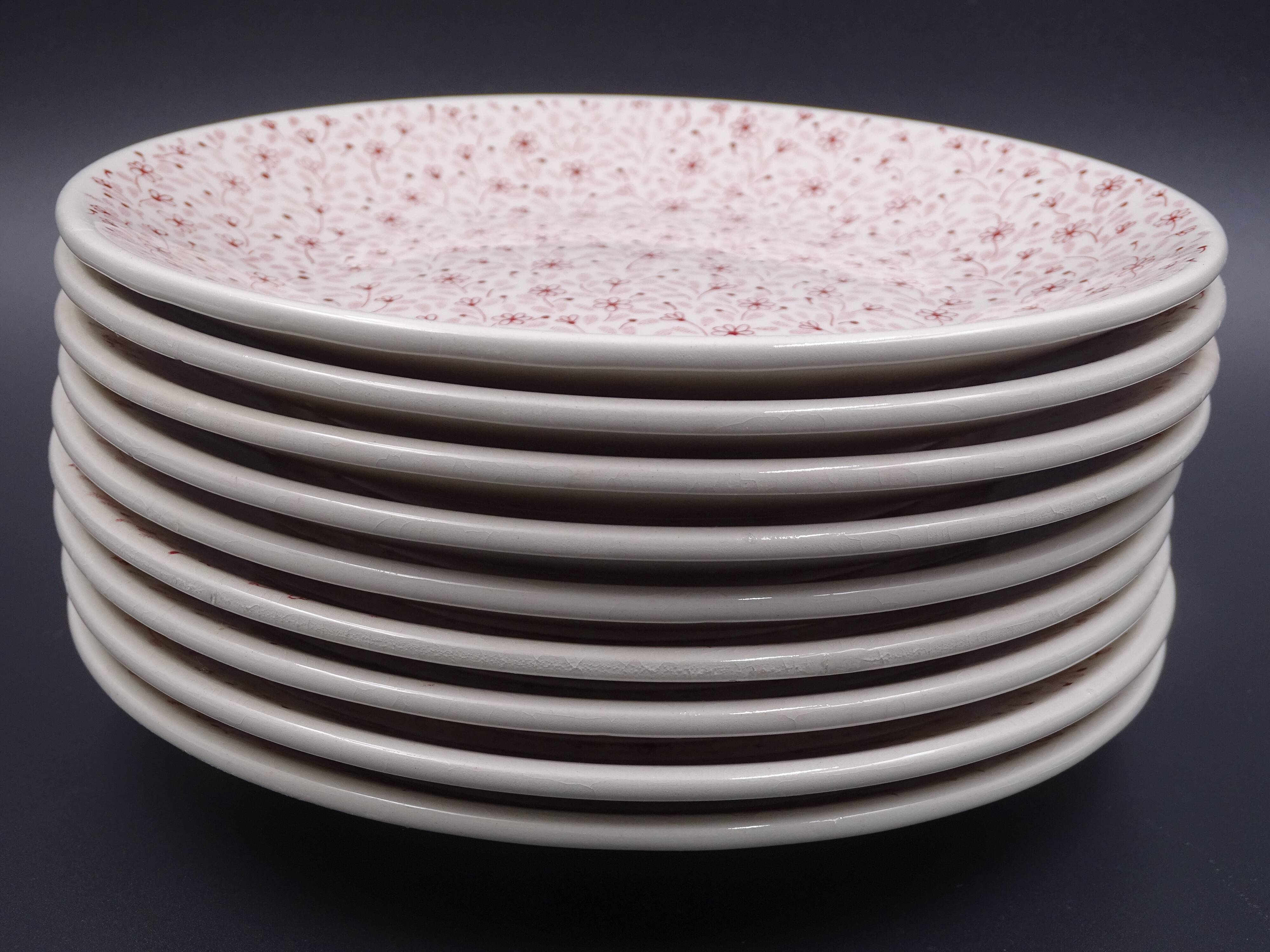 Set of 9 dessert plates in earthenware of Sarreguemines - Décor of pink flowers - 1970