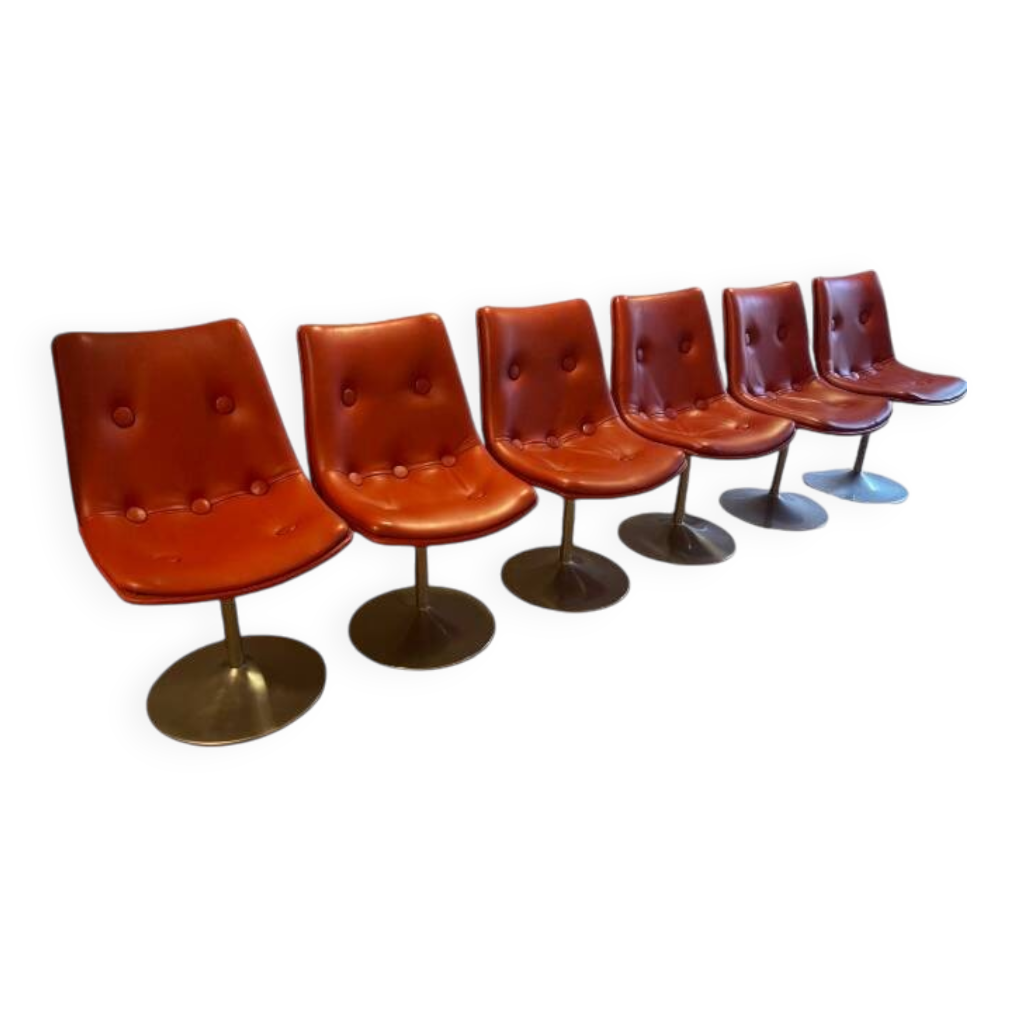 Set of 6 bright red leather tulip chairs