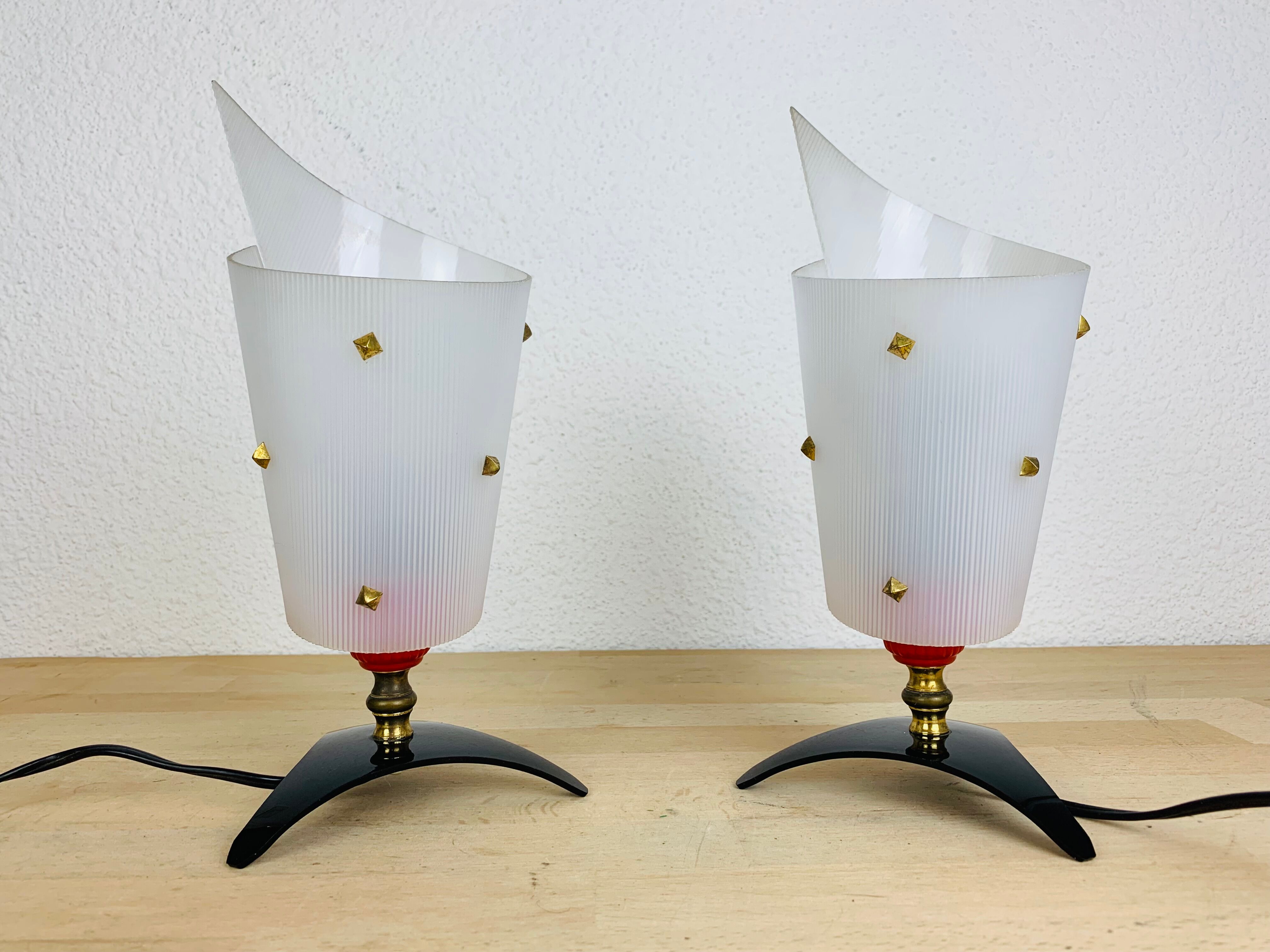 Pair of 50s plastic brass bedside lamps