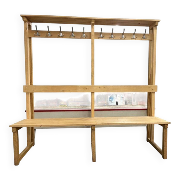Vintage portemanteau XL en bois avec banc
