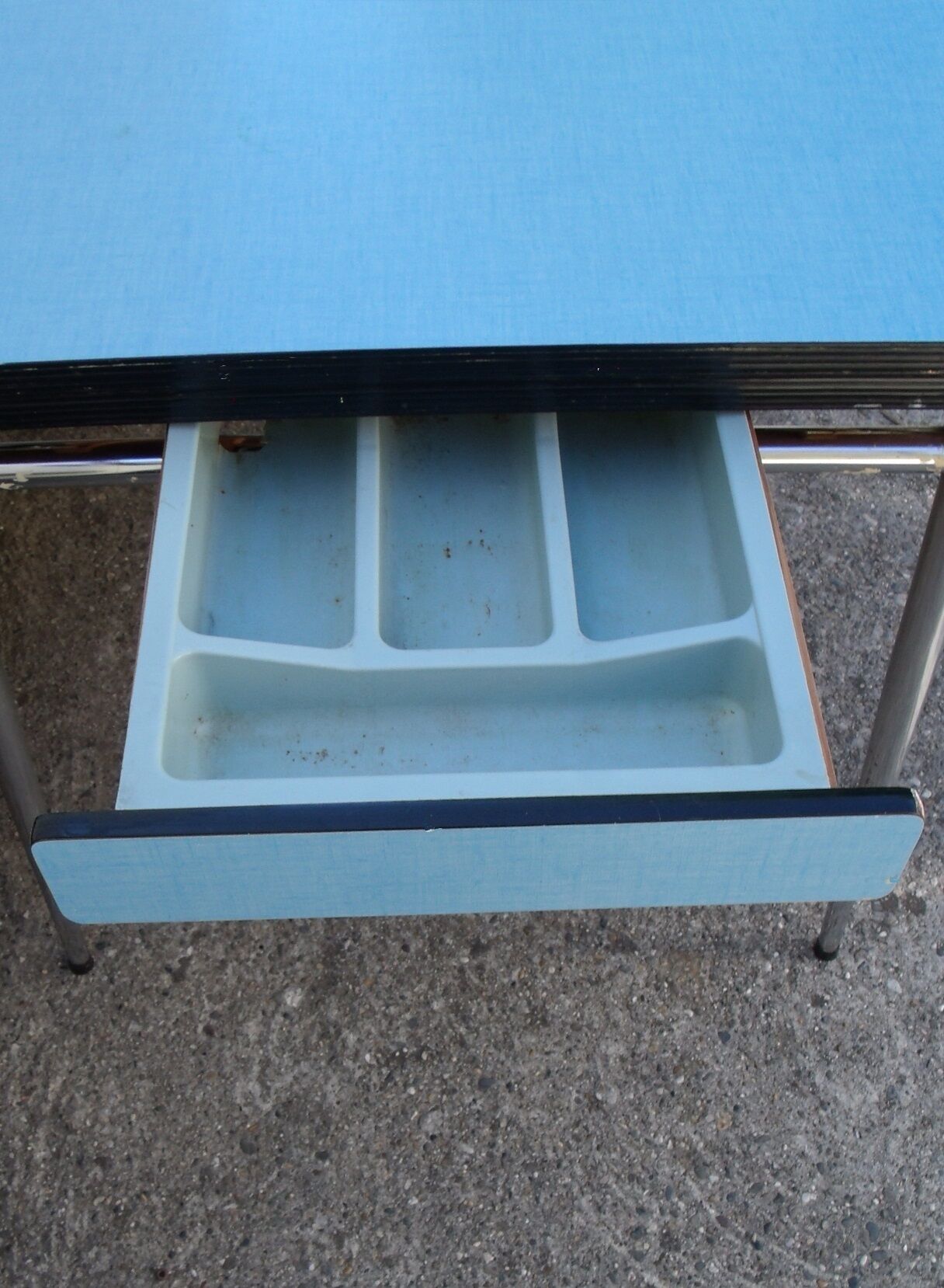 Blue formica table with extension with drawer