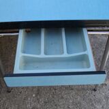 Blue formica table with extension with drawer