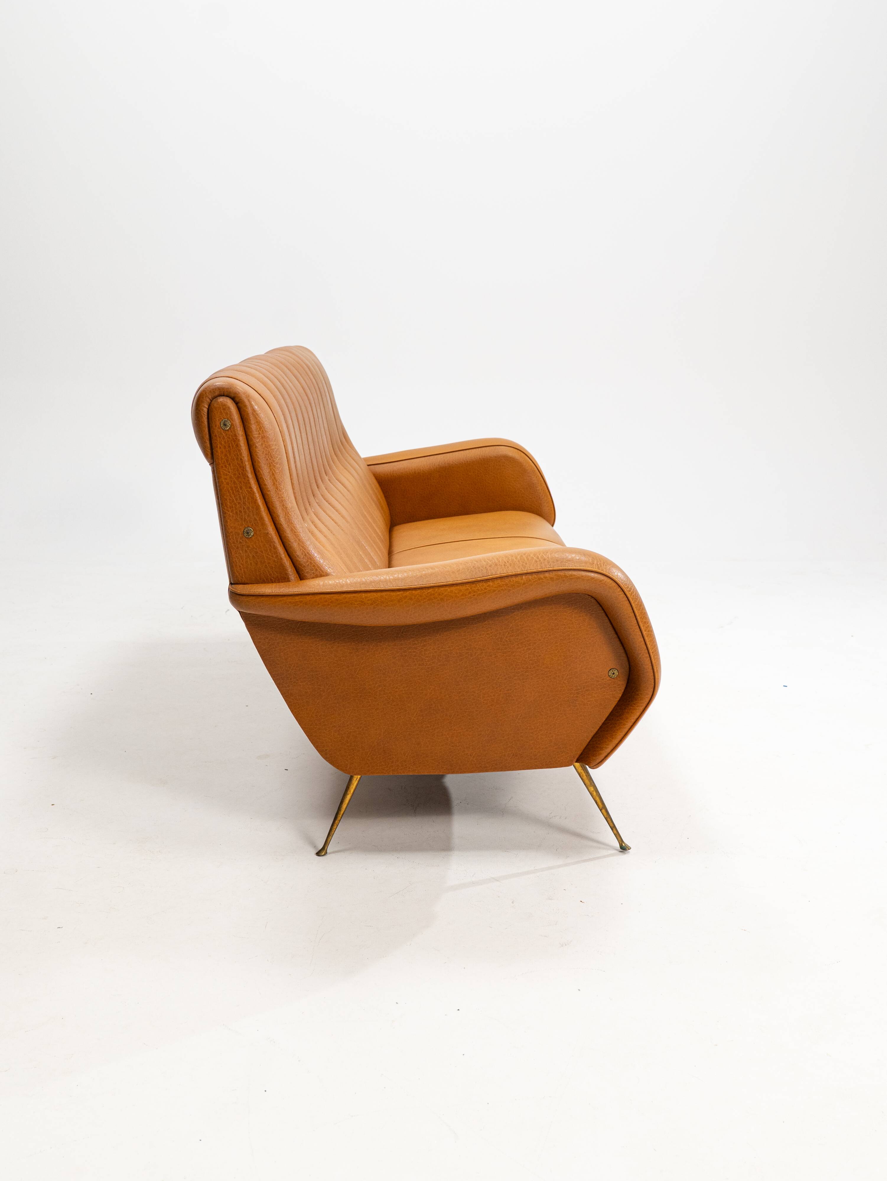 Three-seater sofa in skai with brass feet in the style of Marco Zanuso, 1950s