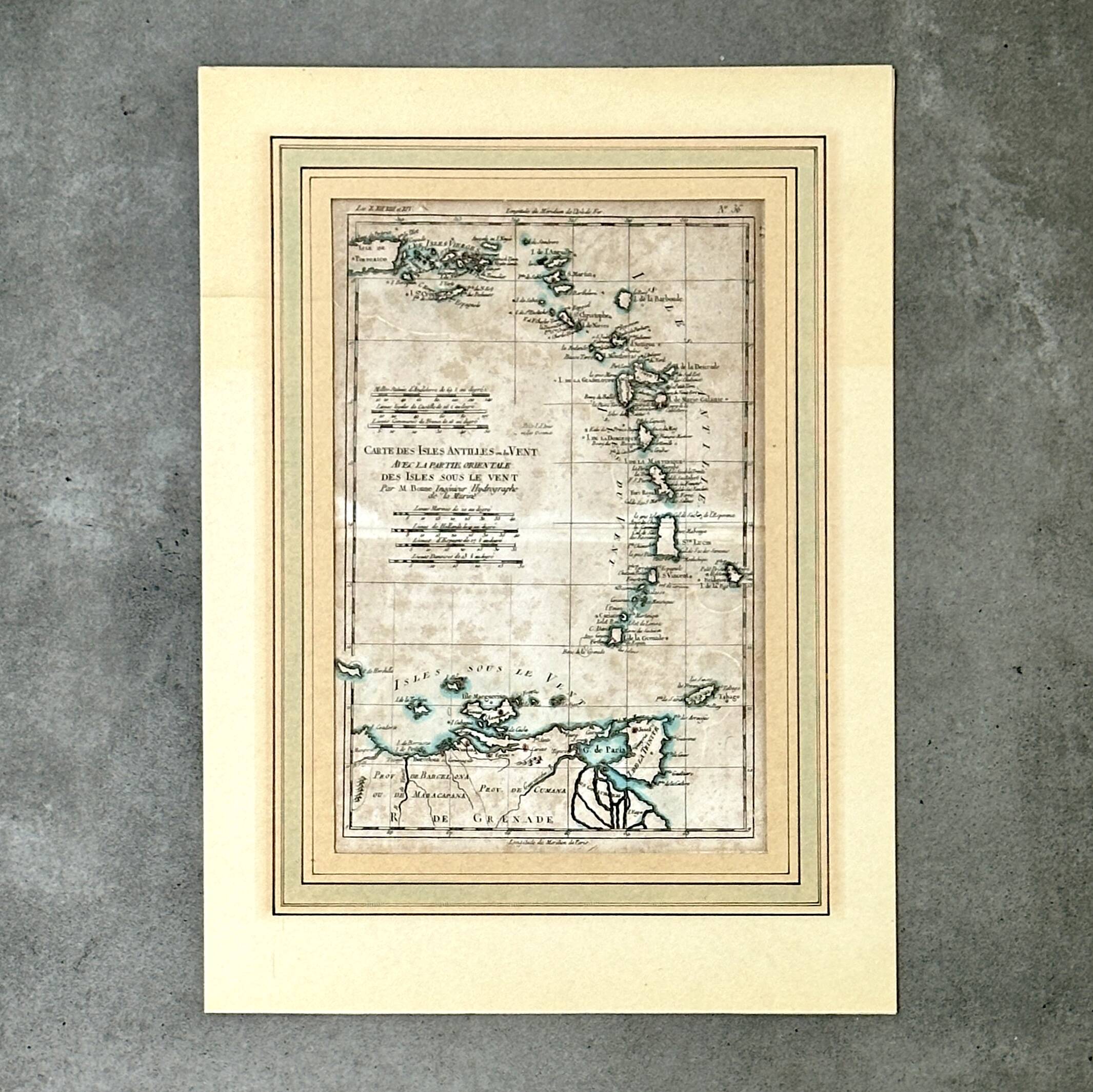 Watercolor map of the Antilles - Engraving from 1785
