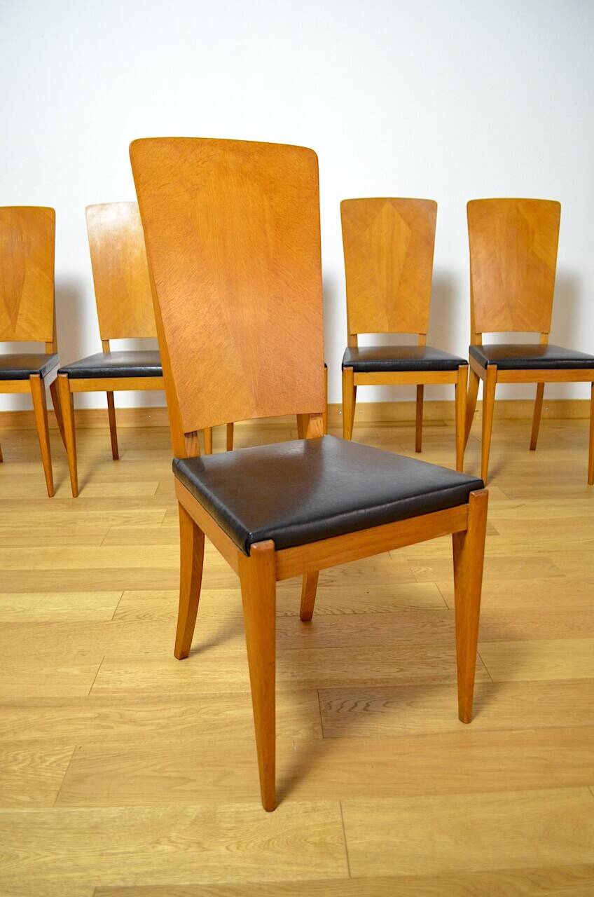 6 Vintage Light Oak Chairs, France 1960