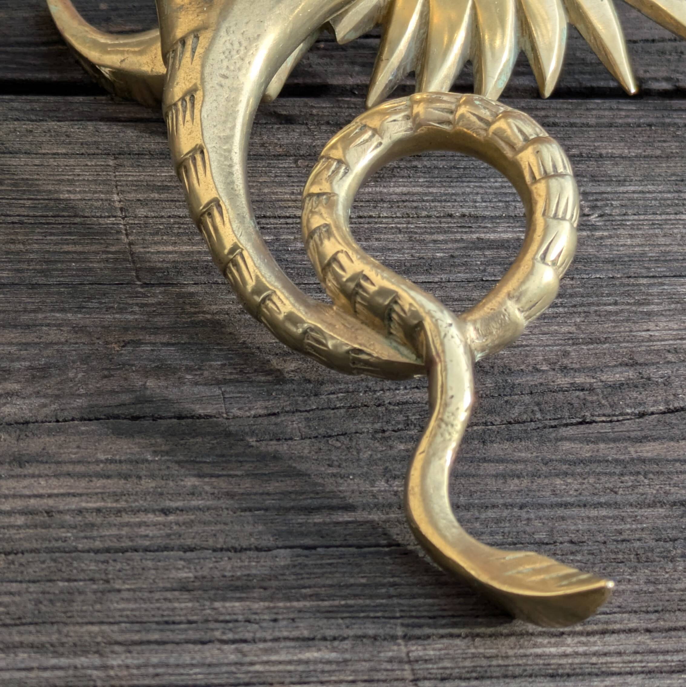 Large Brass Candlestick - Mythological Winged Griffin Dragon - Gothic