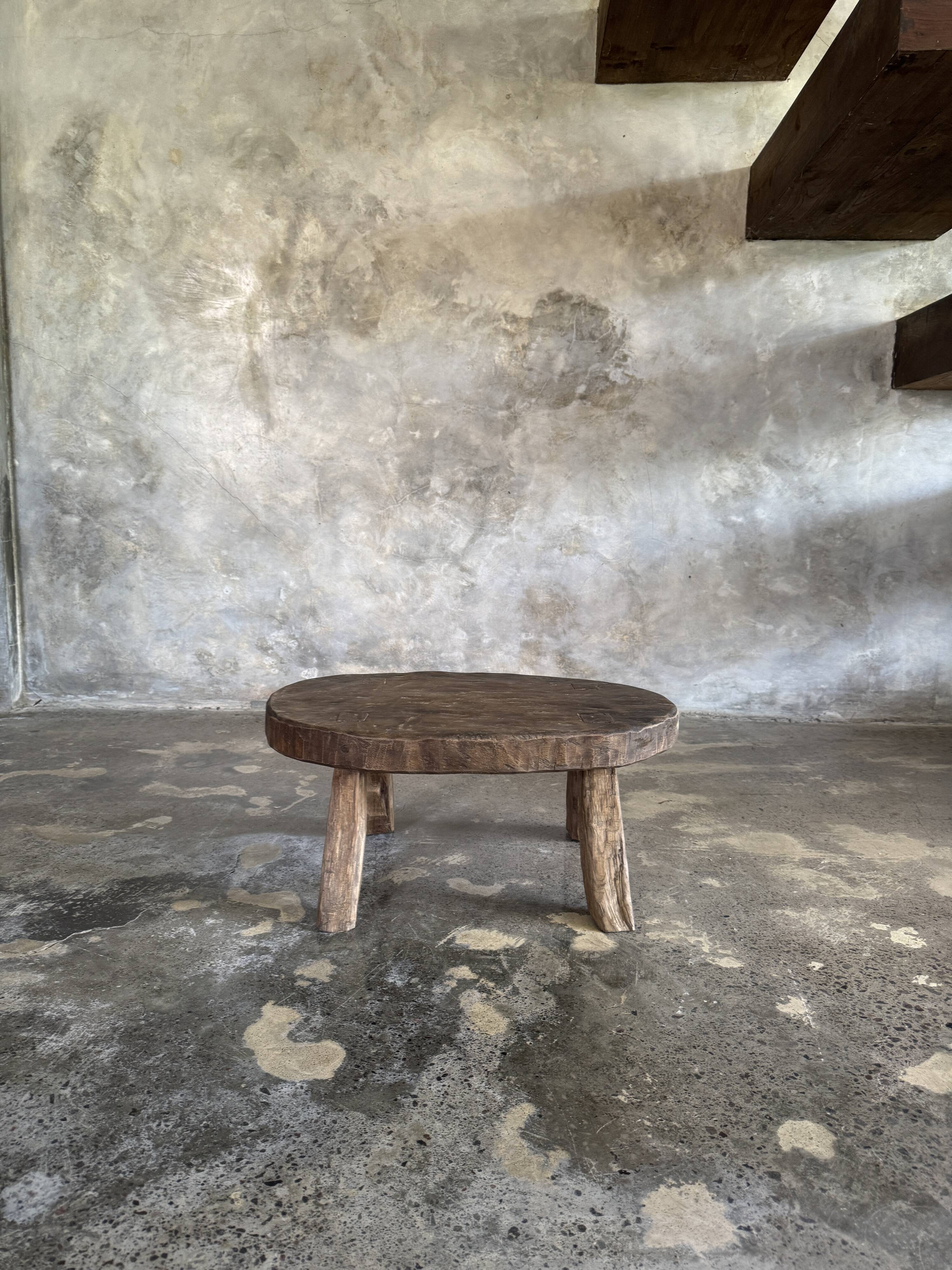 Small stool or small oval side table in solid teak wabi-sabi H24 53