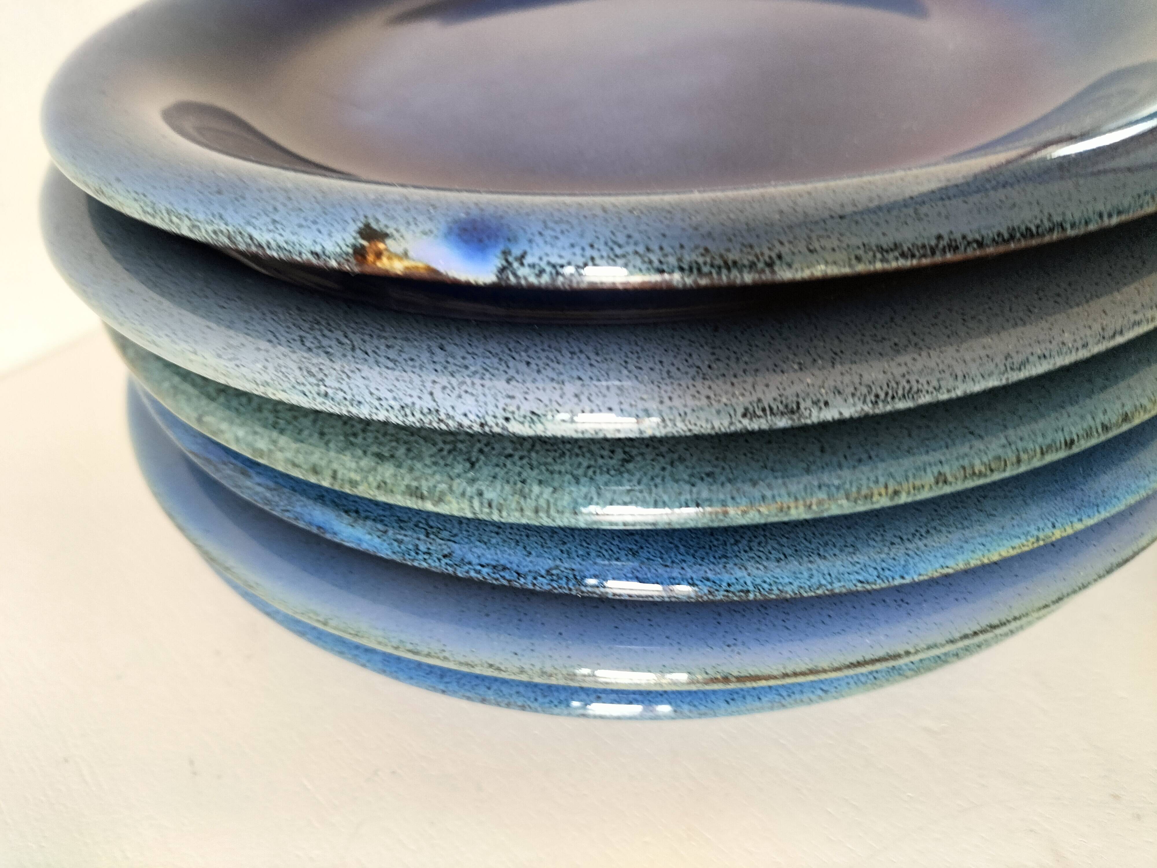 6 assiettes en grès émaillé – bleu cobalt & turquoise