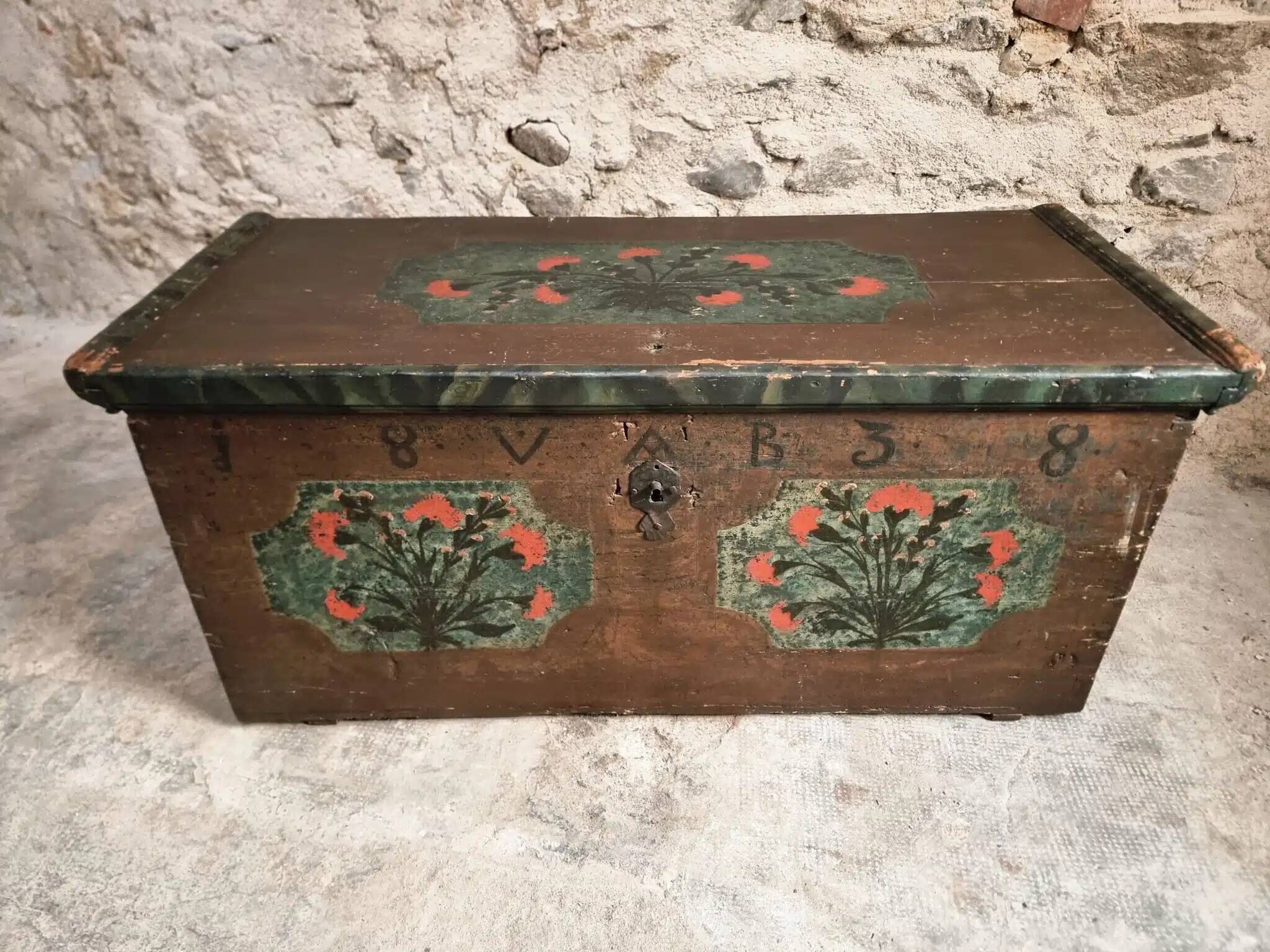 Antique French pine chest – 1838, painted folk art