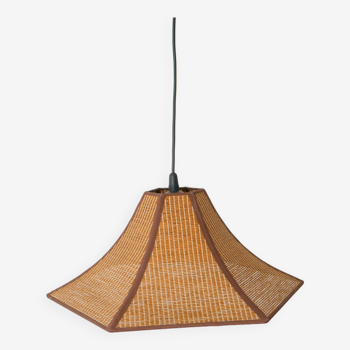 Hexagonal pendant light in brown rattan, 1970