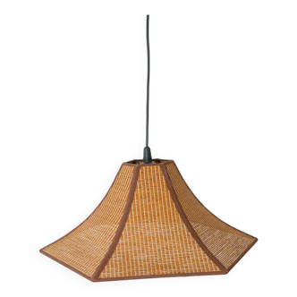 Hexagonal pendant light in brown rattan, 1970