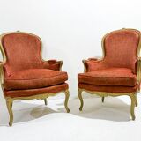 Pair of Armchairs Louis XV Style, Red Upholstery