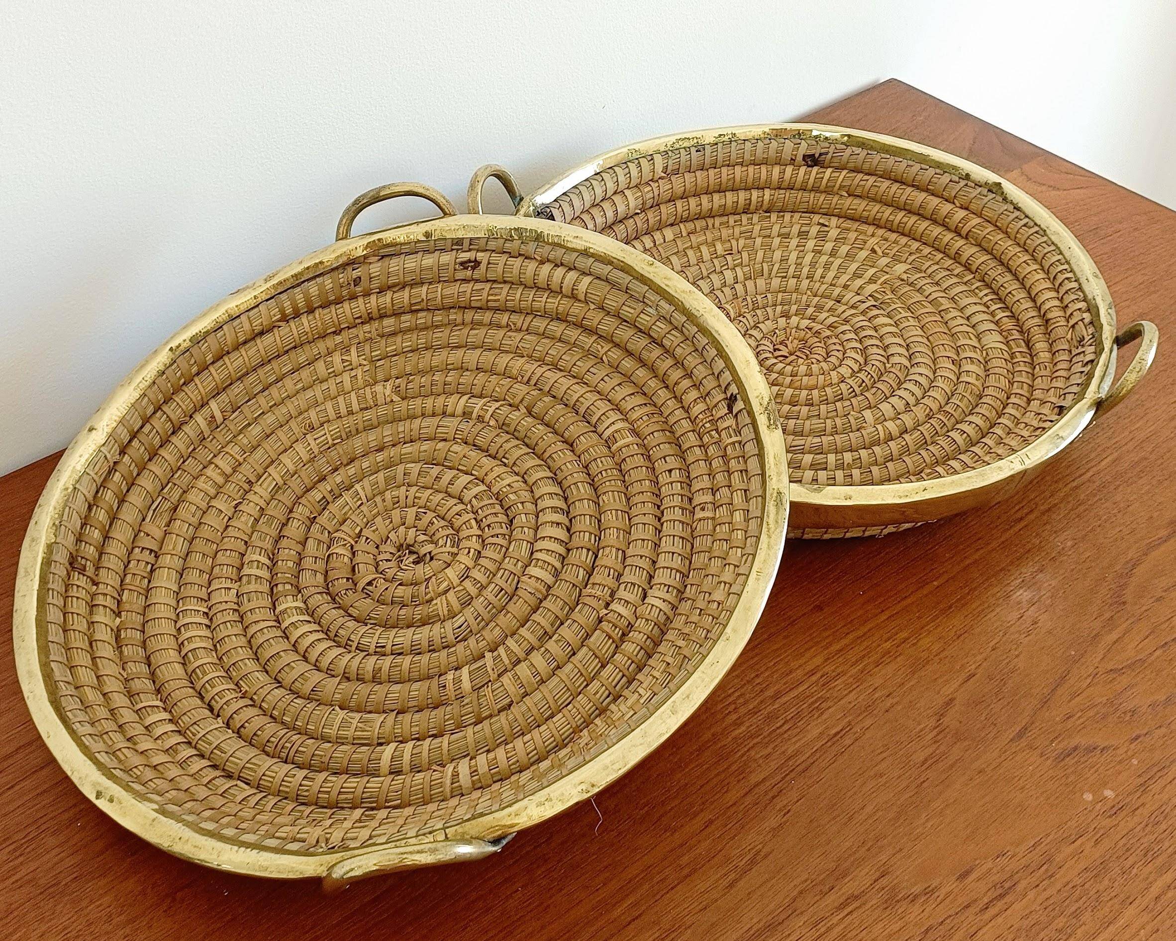 1970s Gabriella Crespi Style Handmade Natural Fiber and Brass Trays