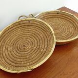 1970s Gabriella Crespi Style Handmade Natural Fiber and Brass Trays